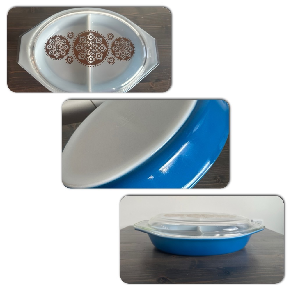 Vintage 1.5 qt Pyrex split dish 
Royal / Holiday promo piece  1961